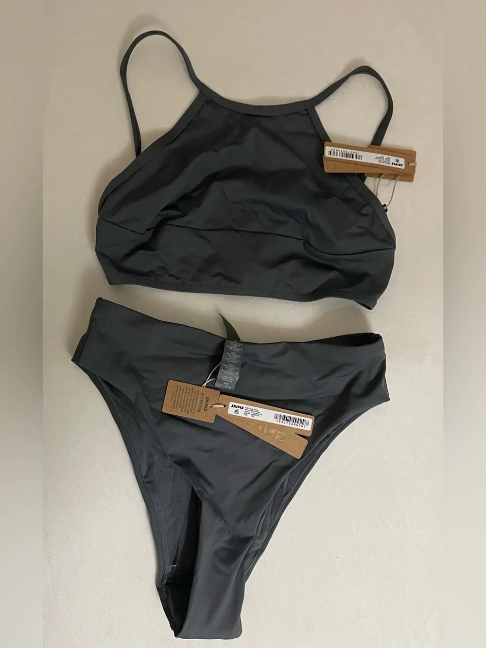 Skims 2pc Bikini Swimsuit NWT Gunmetal Grey High Neck Top & Mid Waist Btm XXS